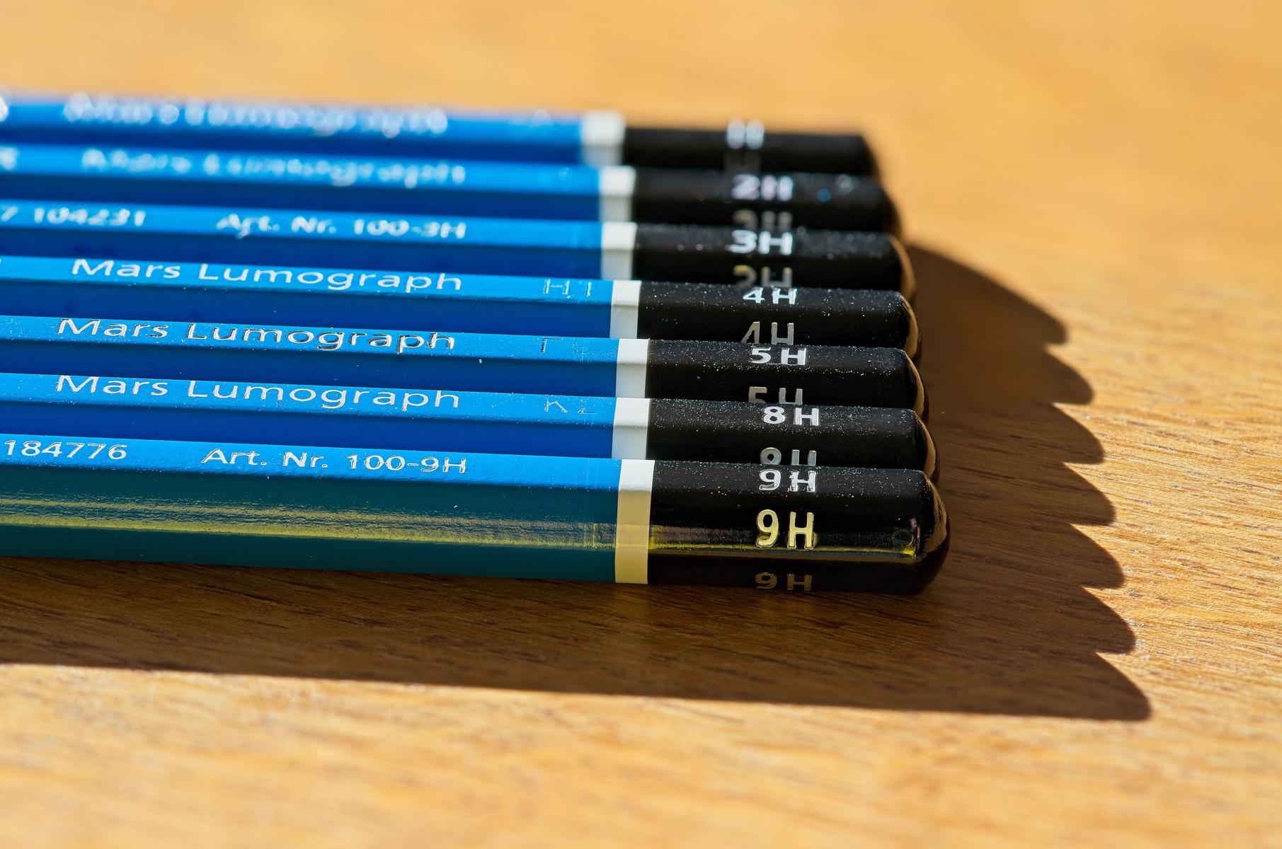 Pencils with pencil hardness from 1H to 9H